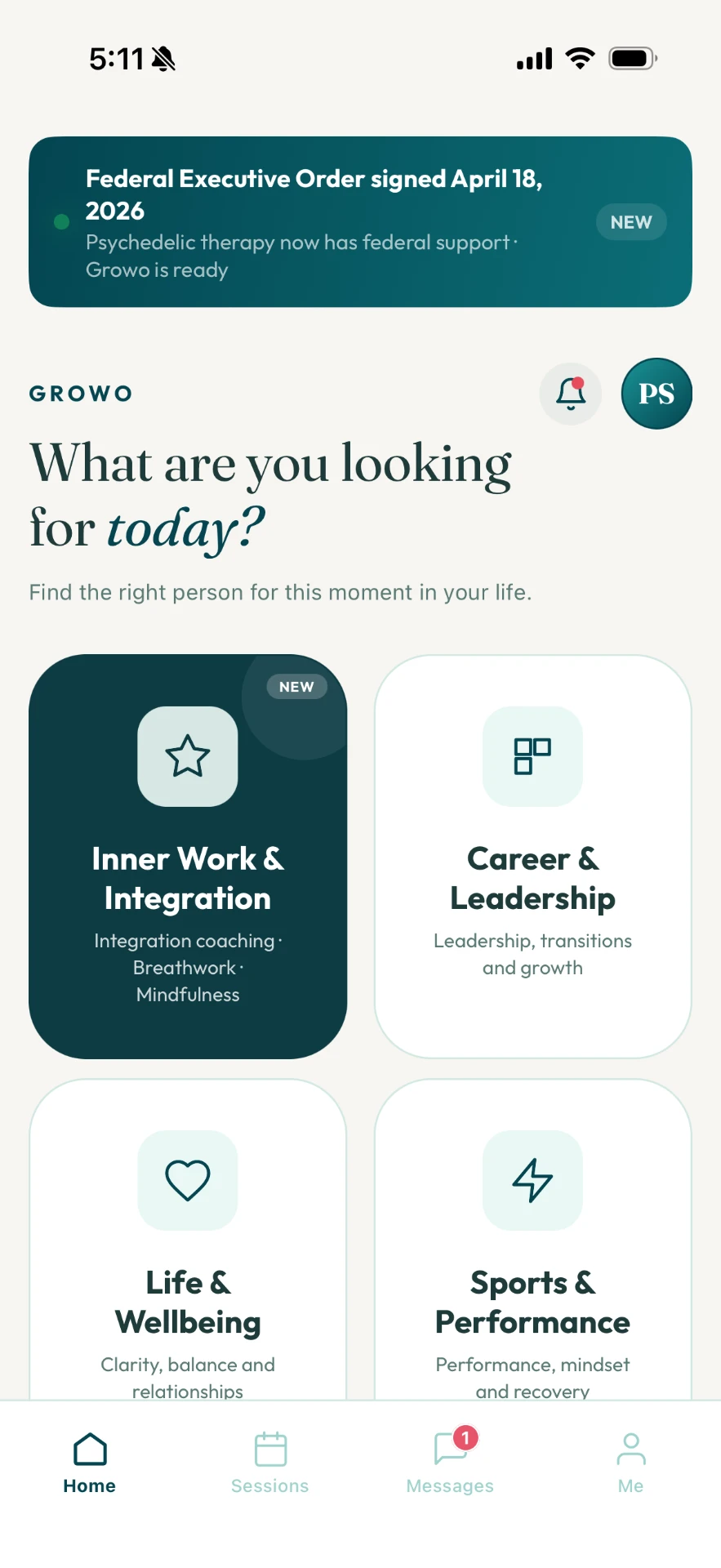 Growo app home screen with coaching areas