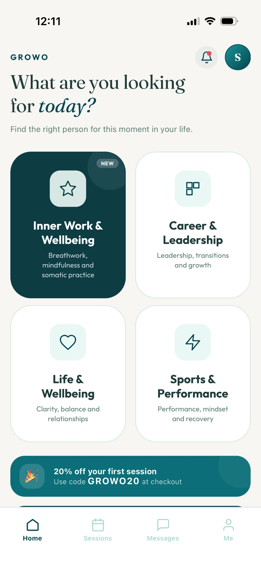 growo app home screen with coaching categories